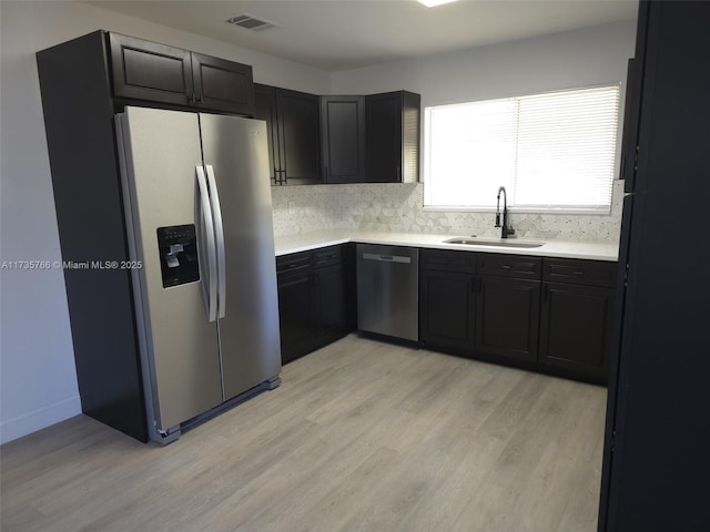 kitchen featuring stainless steel appliances, tasteful backsplash, sink, and light wood-type flooring