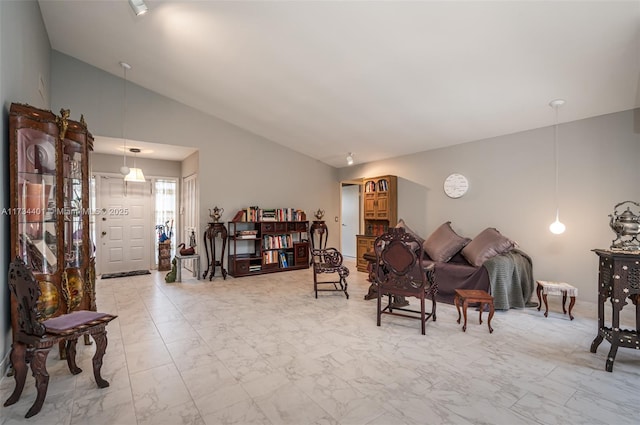 living room featuring high vaulted ceiling