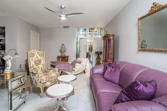 living room featuring ceiling fan