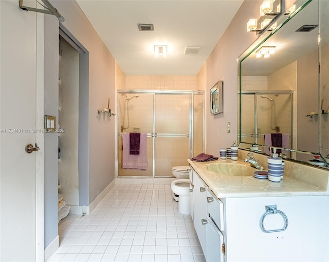 bathroom with a bidet, toilet, a shower with door, and tile patterned flooring