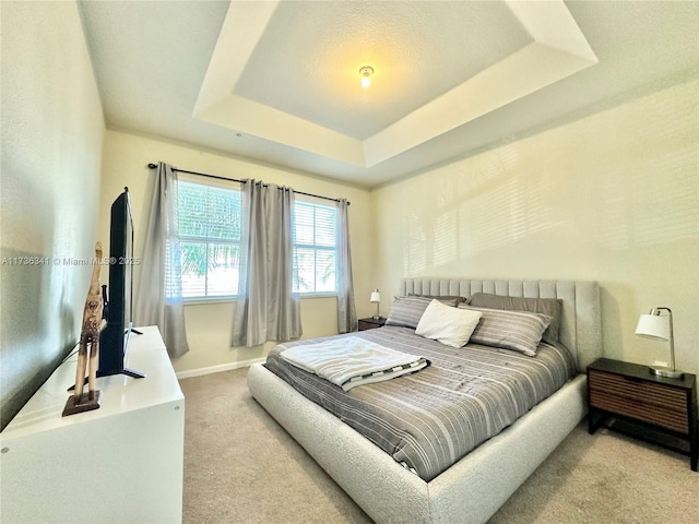 bedroom featuring light carpet and a raised ceiling