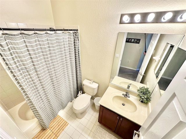 full bathroom featuring toilet, vanity, shower / bathtub combination with curtain, and tile patterned flooring