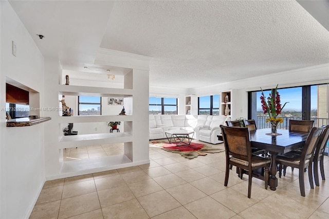 dining room featuring a textured ceiling, plenty of natural light, and built in features