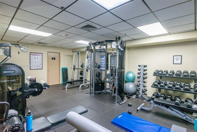 exercise room featuring a paneled ceiling and visible vents