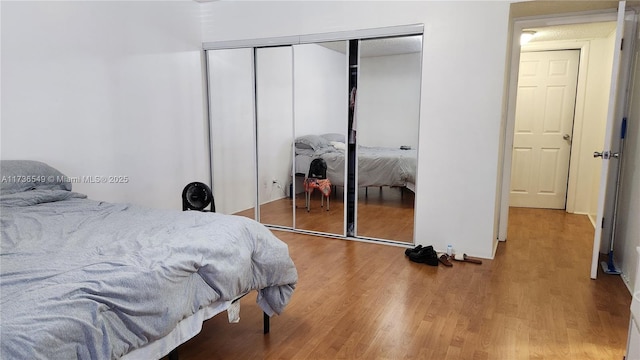 bedroom with hardwood / wood-style flooring and a closet