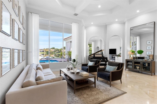 living room with coffered ceiling, a towering ceiling, beam ceiling, and ornamental molding