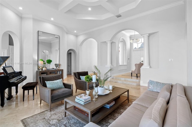 living room with a towering ceiling, beam ceiling, decorative columns, coffered ceiling, and ornamental molding