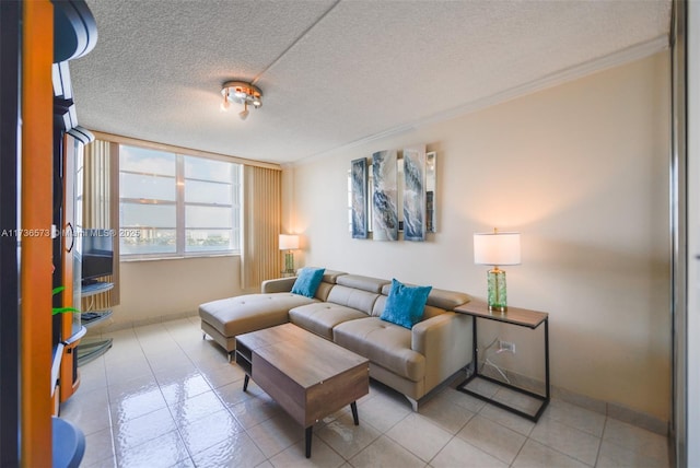 tiled living room with crown molding and a textured ceiling