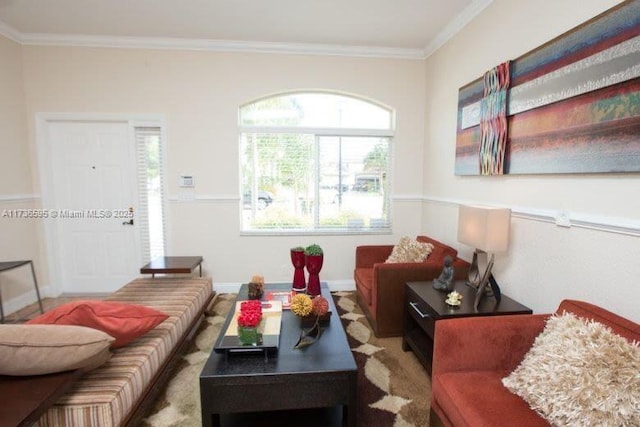 living room with crown molding