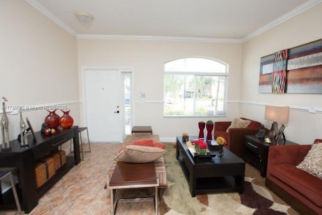 living room with ornamental molding