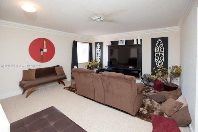 living room featuring ornamental molding and carpet flooring