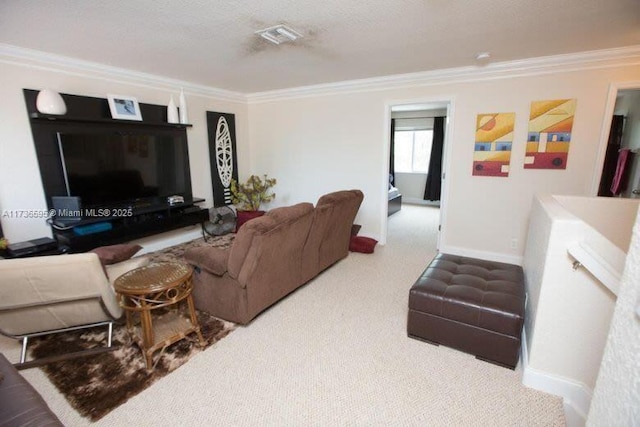 carpeted living room featuring ornamental molding