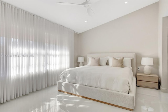 bedroom featuring lofted ceiling and ceiling fan