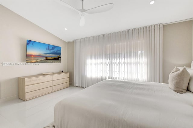 bedroom featuring vaulted ceiling and ceiling fan