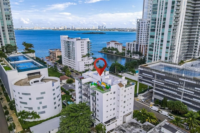 aerial view featuring a water view