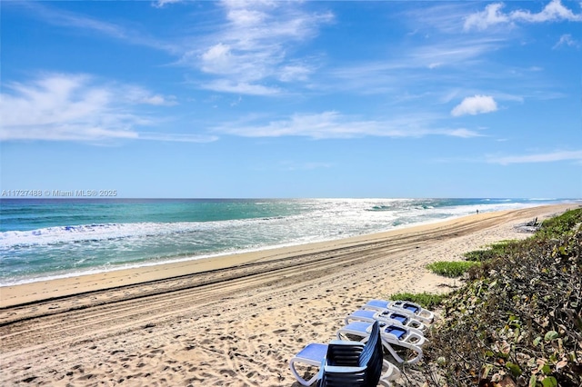 view of water feature with a beach view