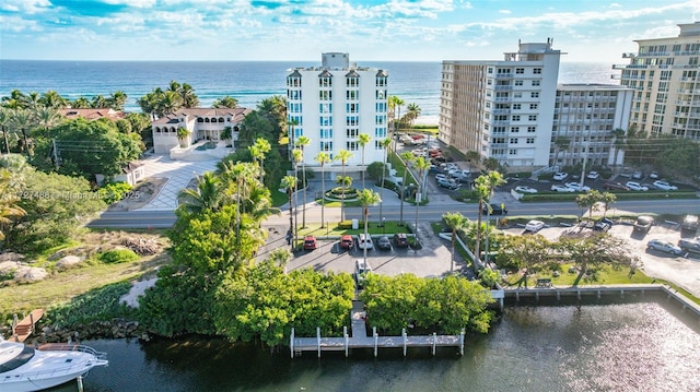 drone / aerial view with a water view