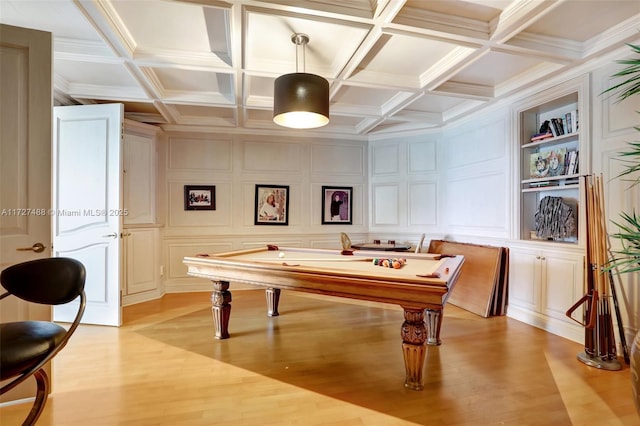 game room featuring coffered ceiling, built in features, and light wood-type flooring