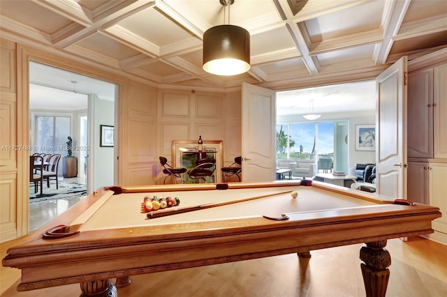 rec room featuring crown molding, pool table, and coffered ceiling