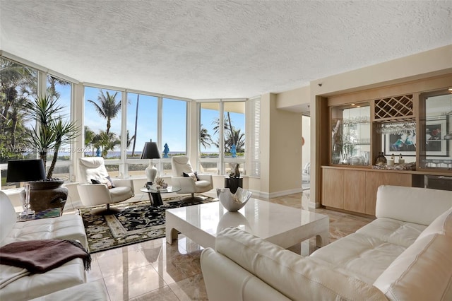 living room with a textured ceiling