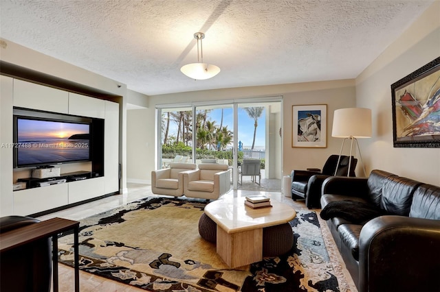 living room with a textured ceiling