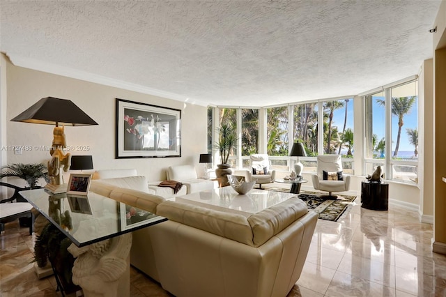 living area with a textured ceiling and marble finish floor