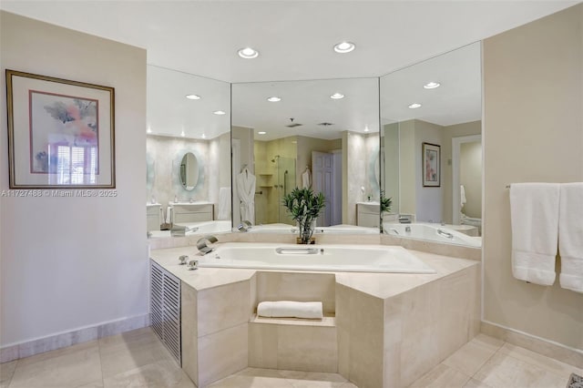 bathroom with recessed lighting, toilet, a shower stall, a bath, and tile patterned floors