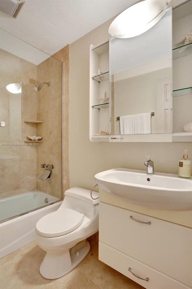 bathroom featuring shower / bathtub combination, visible vents, toilet, vanity, and tile patterned flooring