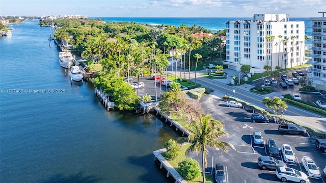 drone / aerial view featuring a water view