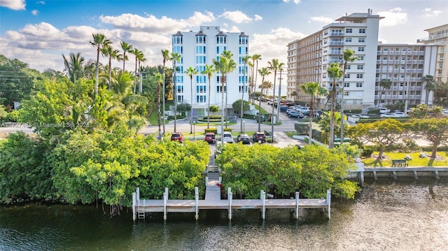 exterior space with a water view