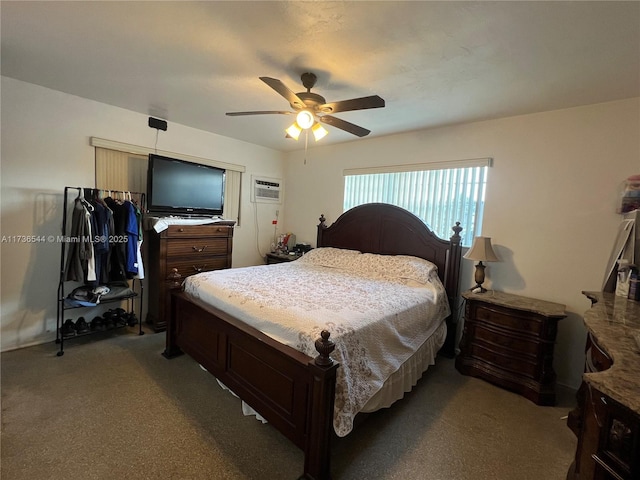 bedroom featuring carpet, a wall mounted air conditioner, and ceiling fan