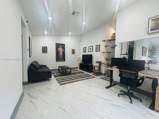 living room with lofted ceiling