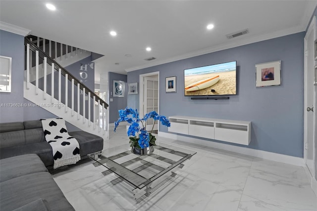 living room with crown molding