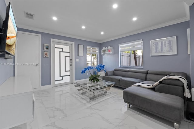 living room featuring ornamental molding