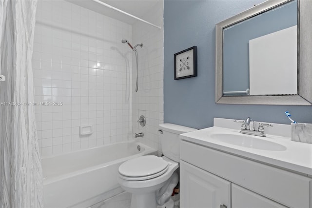 full bathroom featuring shower / bathtub combination with curtain, vanity, and toilet