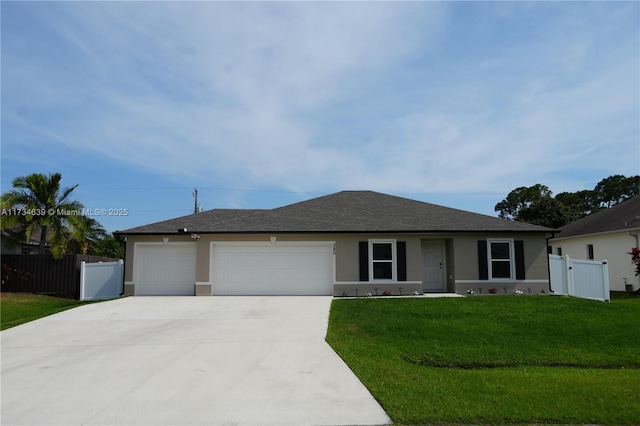 single story home featuring fence, a front lawn, stucco siding, an attached garage, and driveway