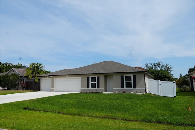 ranch-style home with concrete driveway, a front lawn, an attached garage, fence, and stucco siding