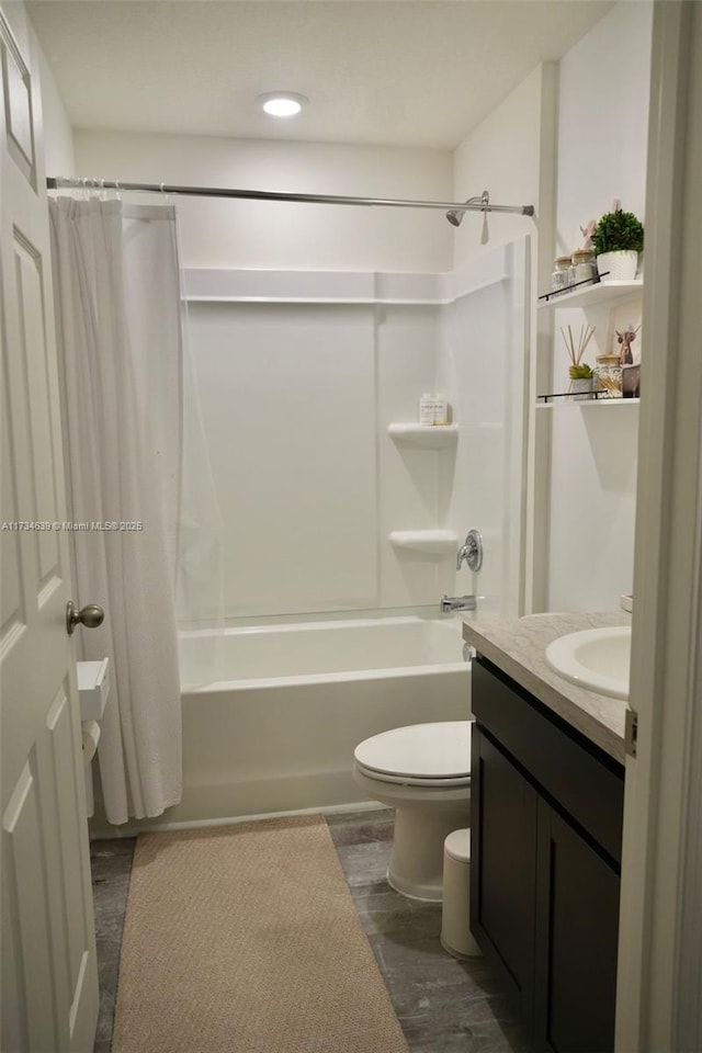 bathroom featuring shower / tub combo, wood finished floors, vanity, and toilet