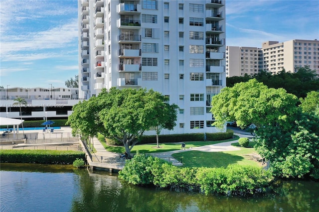 view of building exterior featuring a water view