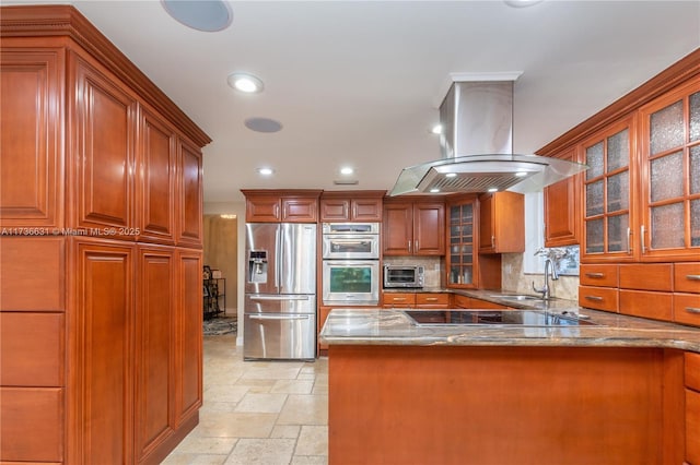 kitchen featuring tasteful backsplash, island exhaust hood, appliances with stainless steel finishes, and sink