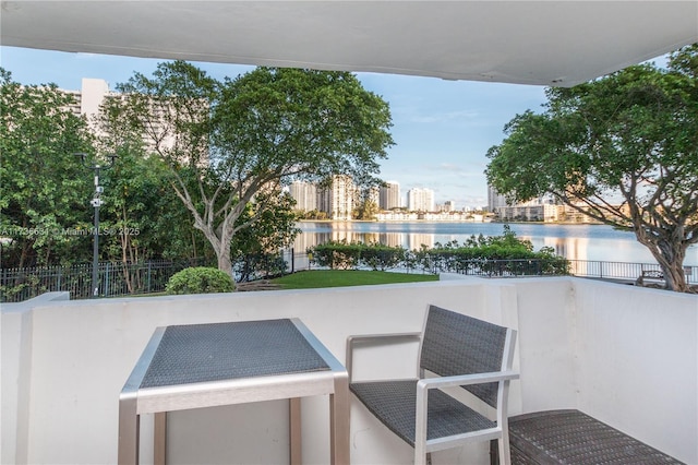 view of patio / terrace featuring a water view