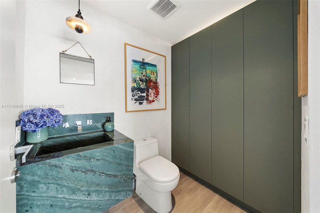 bathroom with wood-type flooring and toilet