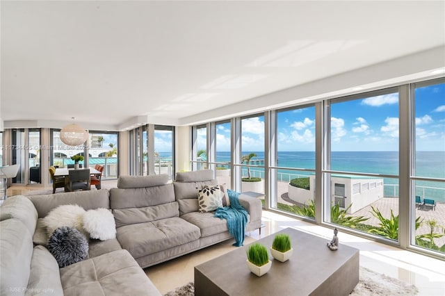 living room featuring a water view