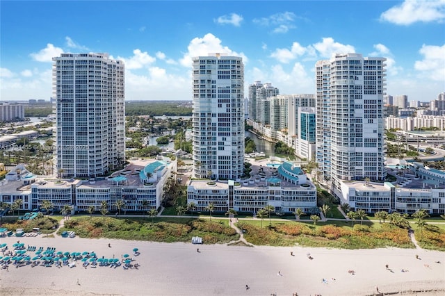 property's view of city featuring a view of the beach and a water view