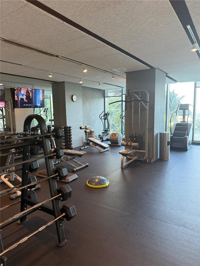 gym featuring a wall of windows, rail lighting, and a textured ceiling