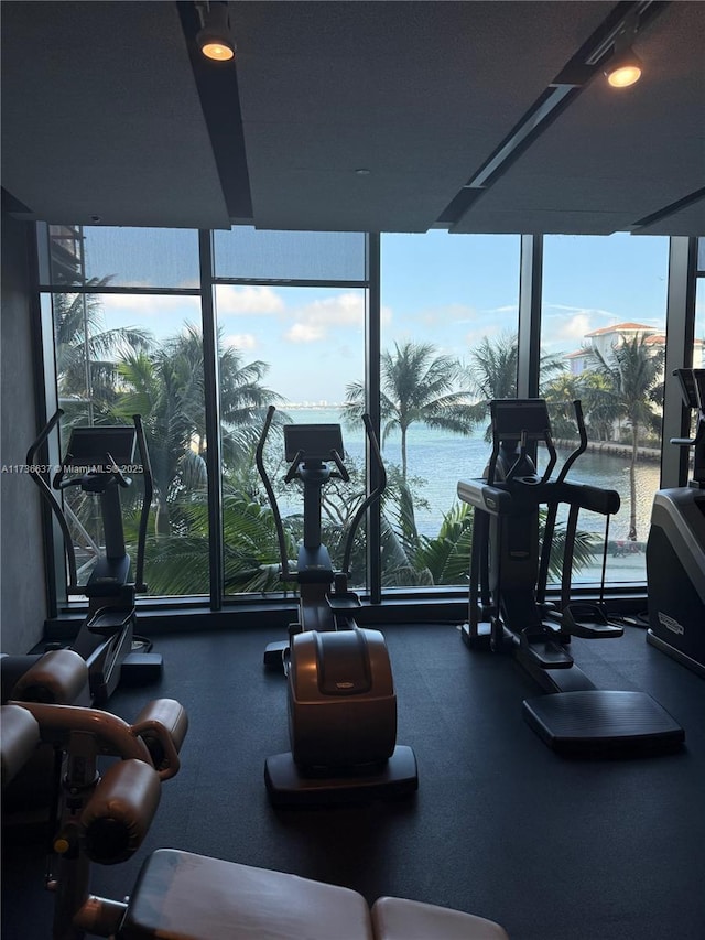 gym with expansive windows and a water view