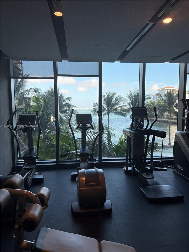 460 NE 28th St Unit 2503, Miami, FL 33137 - workout area featuring a wall of windows, plenty of natural light, and a water view