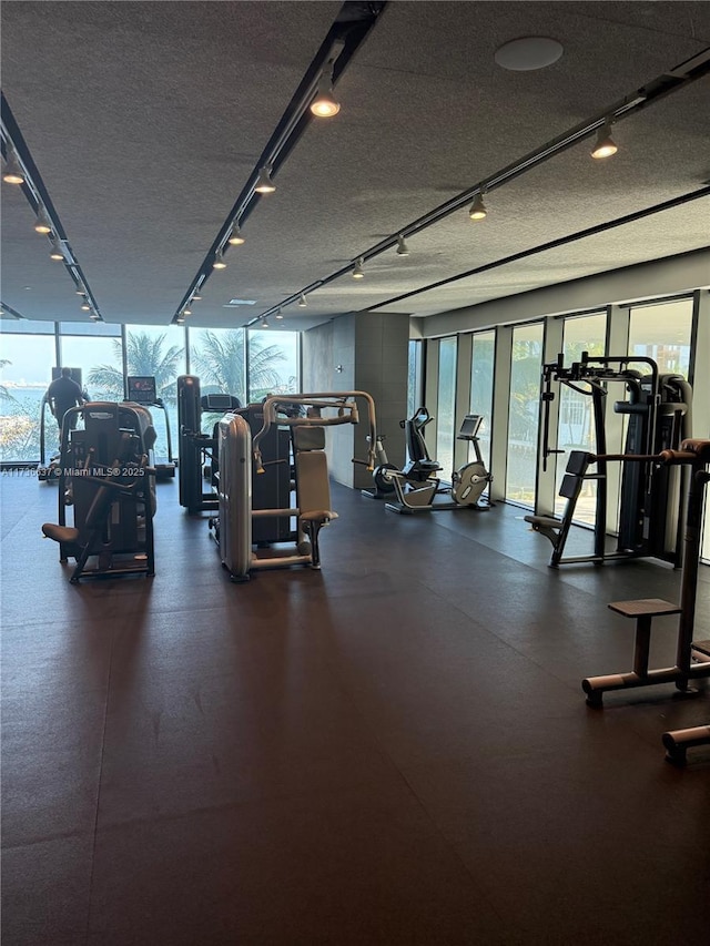 460 NE 28th St Unit 2503, Miami, FL 33137 - gym with plenty of natural light, a textured ceiling, floor to ceiling windows, and track lighting