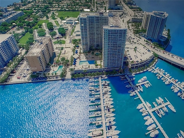 aerial view featuring a view of city and a water view