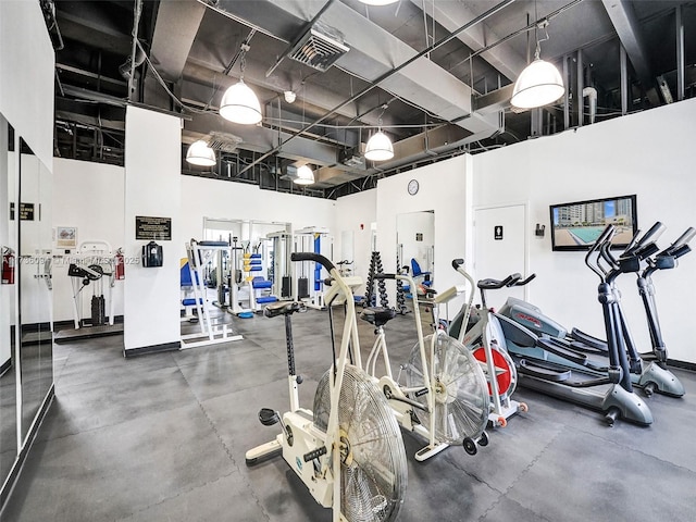 workout area with a towering ceiling